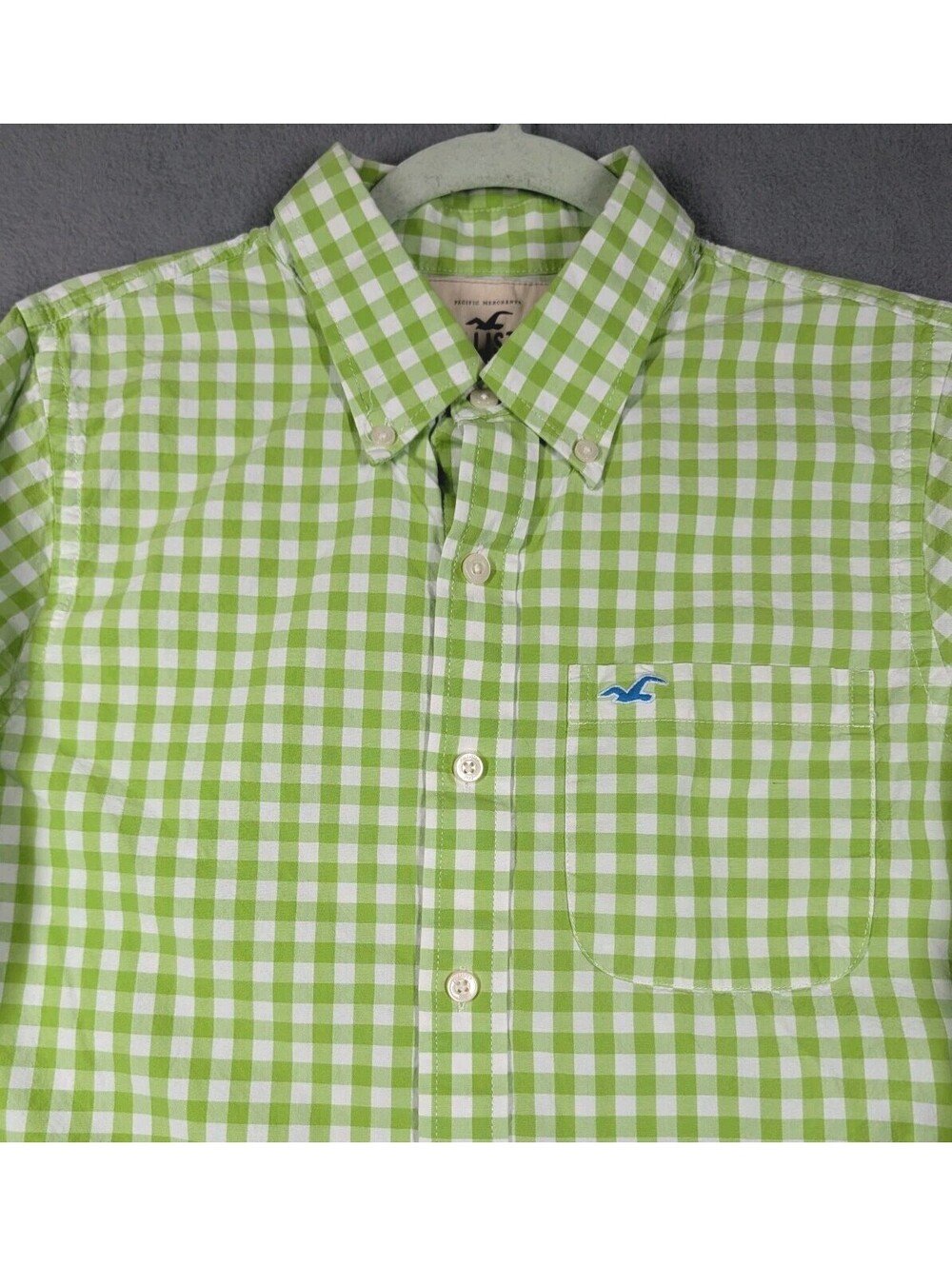 Hollister Mens XL Green White Gingham Check Button Down Shirt Long Sleeve Casual